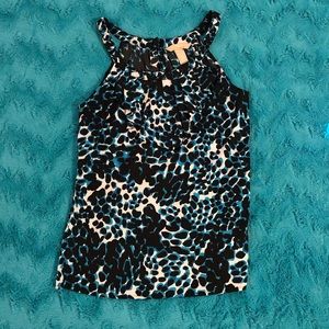 Blue, black, and white blouse